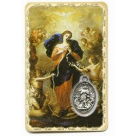 Carte de prière avec médaille en métal - Marie qui Défait les Nœuds