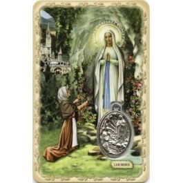 Carte de prière avec médaille en métal - Notre Dame de Lourdes