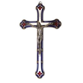 Crucifix en métal et résine bleu & rouge - 17 cm