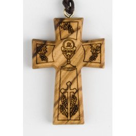 Croix en bois d'olivier avec cordon - Sujet Eucharistie