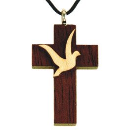 Pendentif Croix et colombe - Bois verni avec cordon
