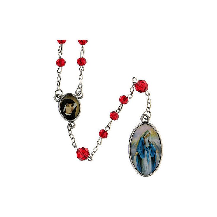 Chapelet Divine Miséricorde en résine rouge + notice