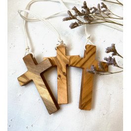 Croix d'aube bois d'olivier avec fin cordon - 8 cm