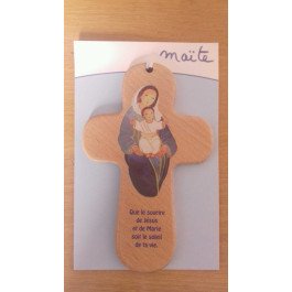 Croix en bois - Maïté Roche "Que le sourire de Jésus et de Marie soit le soleil de ta vie"