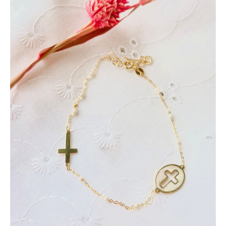 Bracelet religieux en or, nacre et email blanc