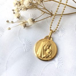 Médaille de la Vierge à l'Enfant ronde 18 mm - plaqué or