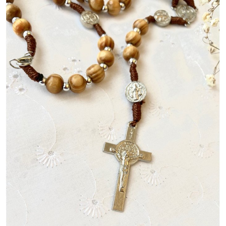 Chapelet Saint Benoit - Bois d'olivier - avec fermoir - 47 cm