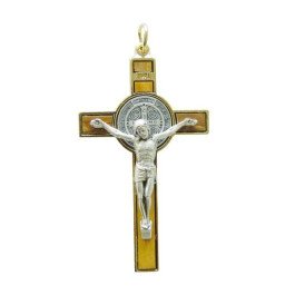 Croix de Saint Benoit 8 cm - Bois d'olivier et métal doré