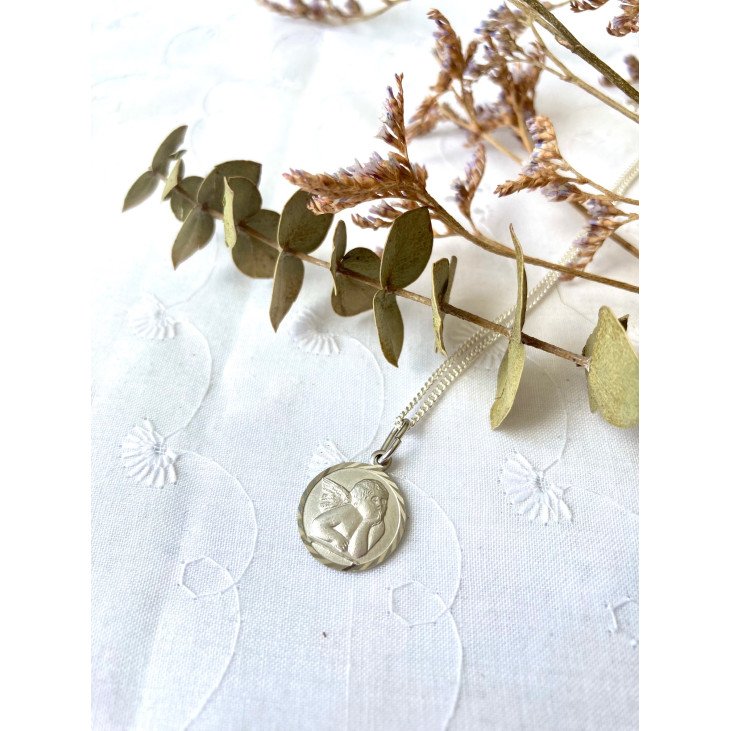 Médaille Ange penseur bordure ornée - argent