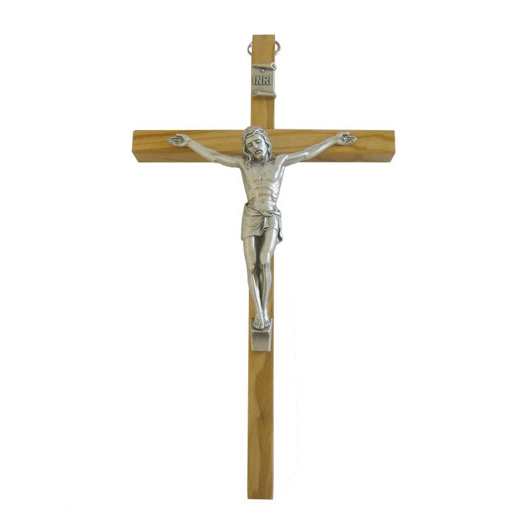 Crucifix fin en bois & métal argenté