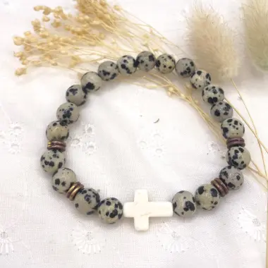 Bracelet croix en pierre - motif dalmatien