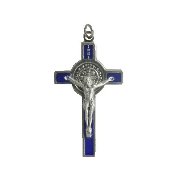 Croix Saint Benoît en métal 5 cm - bleue