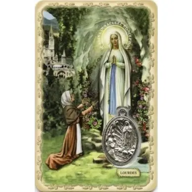 Carte de prière avec médaille en métal - Notre Dame de Lourdes