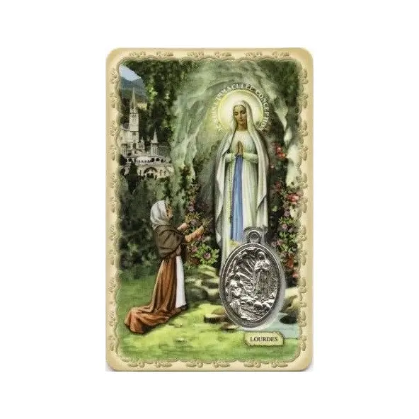 Carte de prière avec médaille en métal - Notre Dame de Lourdes