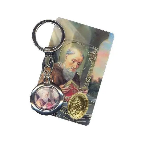 Porte-clés double face Saint Benoit - Saint Christophe avec carte de prière