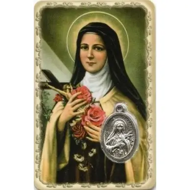 Carte de prière avec médaille en métal - Sainte Thérèse
