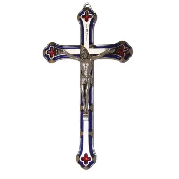 Crucifix en métal et résine bleu & rouge - 17 cm