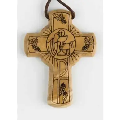 Croix en bois d'olivier avec cordon - Sujet communion