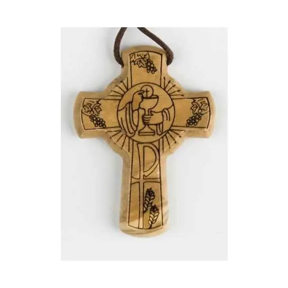 Croix en bois d'olivier avec cordon - Sujet communion