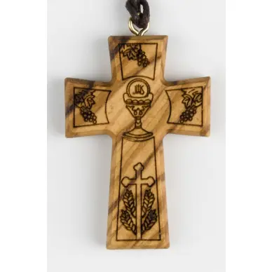 Croix en bois d'olivier avec cordon - Sujet Eucharistie