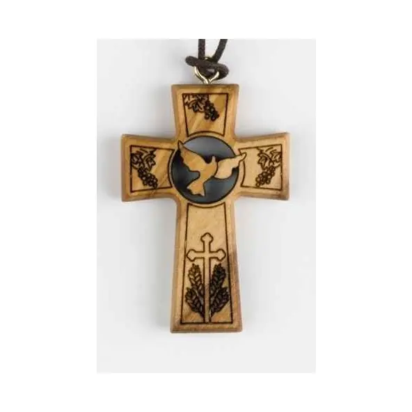 Croix pendentif en bois d'olivier - Colombe de l'Esprit