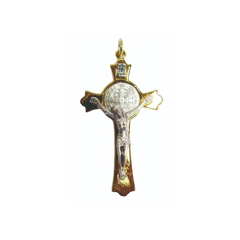 Croix Saint Benoit en laiton dorée - 7.5 cm