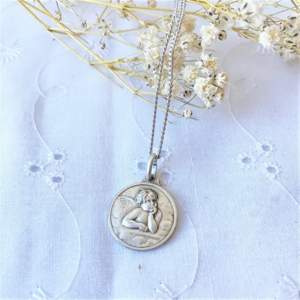 Médaille Ange rêveur avec bordure - argent