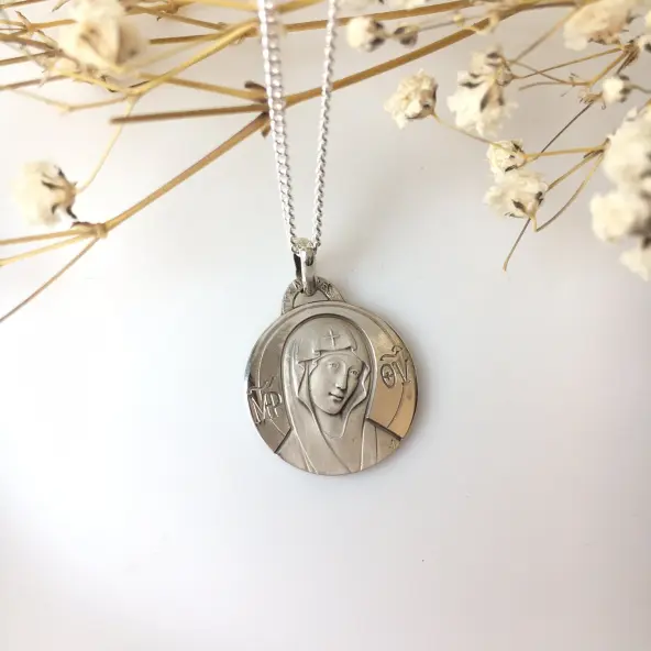 ANCIEN PENDENTIF EN argent massif, médaille, sainte vierge Marie EUR 34