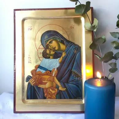 Icône Creuse Vierge de tendresse au voile bleu