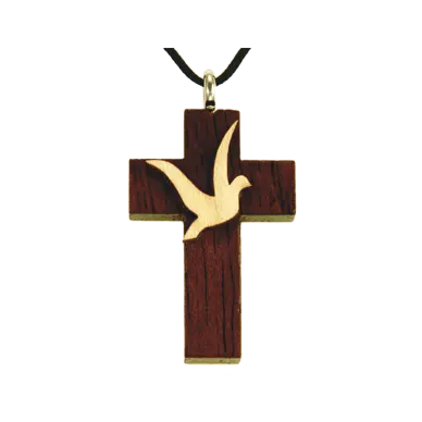 Pendentif Croix et colombe - Bois verni avec cordon