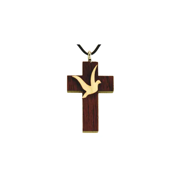 Pendentif Croix et colombe - Bois verni avec cordon