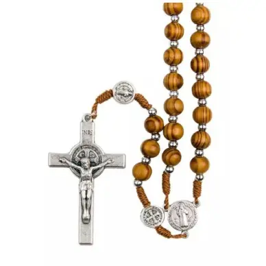 Chapelet Saint Benoît sur corde - Bois d'olivier - 44 cm