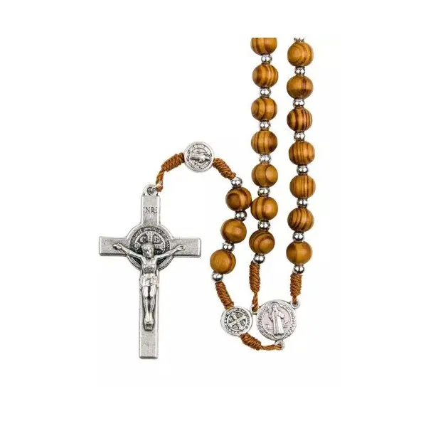Chapelet Saint Benoît sur corde - Bois d'olivier - 44 cm