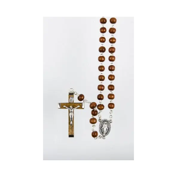 Chapelet sur chaîne - Médaille miraculeuse - Bois marron - 43 cm