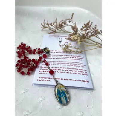 Chapelet Divine Miséricorde en résine rouge + notice