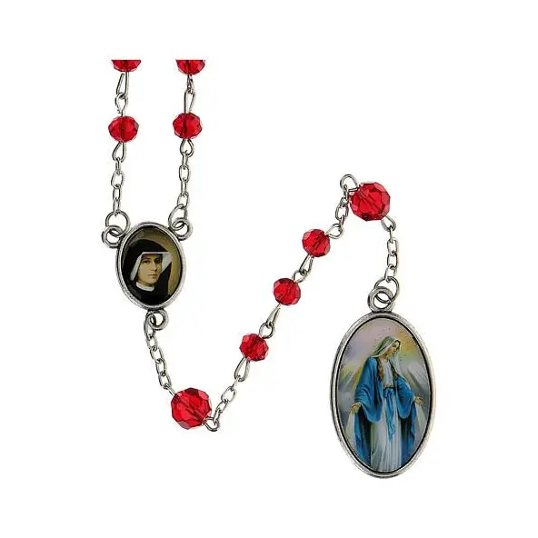 Chapelet Divine Miséricorde en résine rouge + notice