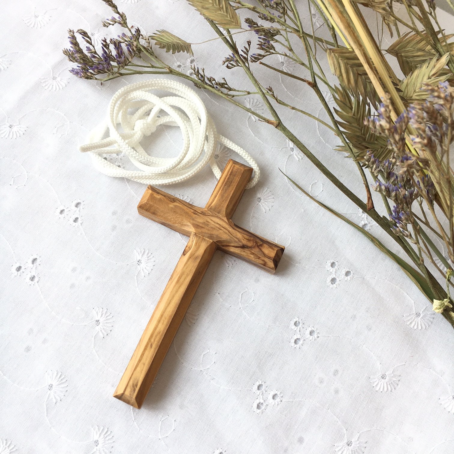 Collier Croix Bois D'Olivier Jérusalem Authentique – Cordon Marron, Boîte Kraft, Protection Divine, Baptême & Communion