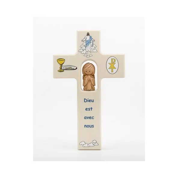 Croix enfantine en bois - Dieu est avec nous