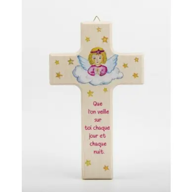 Croix enfantine en bois - Ange gardien Fille