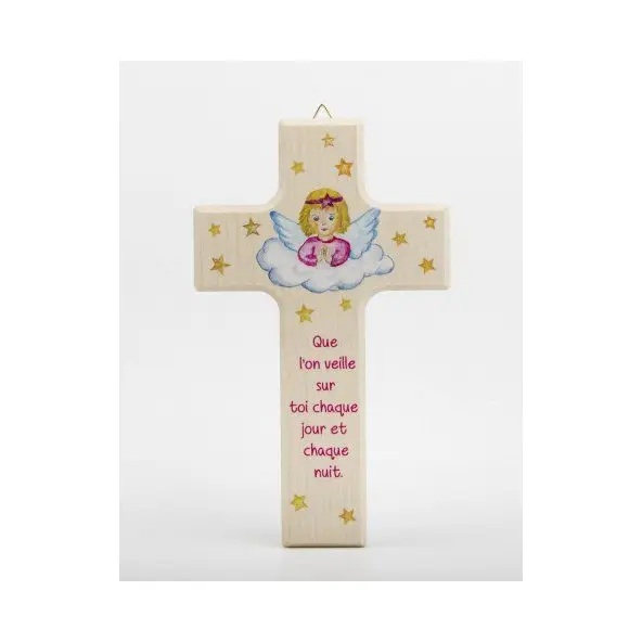 Croix enfantine en bois - Ange gardien Fille