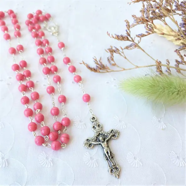 Chapelet perles de verre roses
