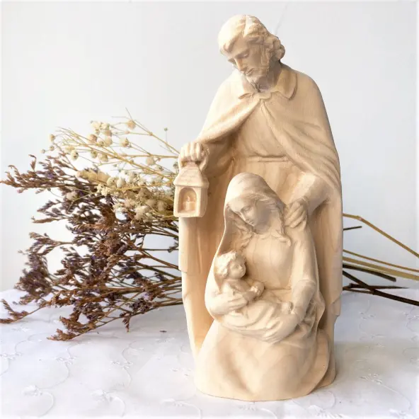 Statue Sainte Famille à la lanterne - bois naturel