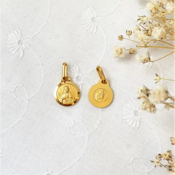 Médaille Scapulaire - ND du Mont Carmel et Sacré-Coeur - bord brillant - 10 mm - plaqué or