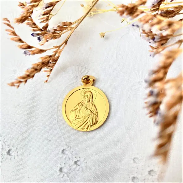 Médaille scapulaire - ND du Mont Carmel et Sacré-Coeur - bords plats - 18 mm - plaqué or