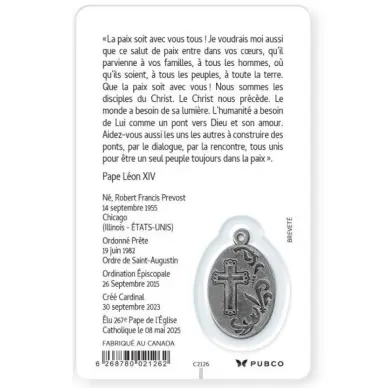 Carte de prière avec médaille Pape Leon XIV