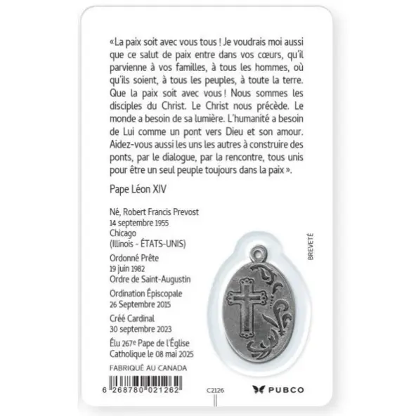 Carte de prière avec médaille Pape Leon XIV