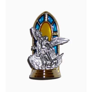 Petite statue avec vitrail sur socle - Saint Michel