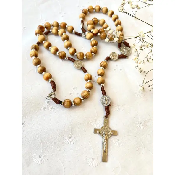 Chapelet Saint Benoit - Bois d'olivier - avec fermoir - 47 cm