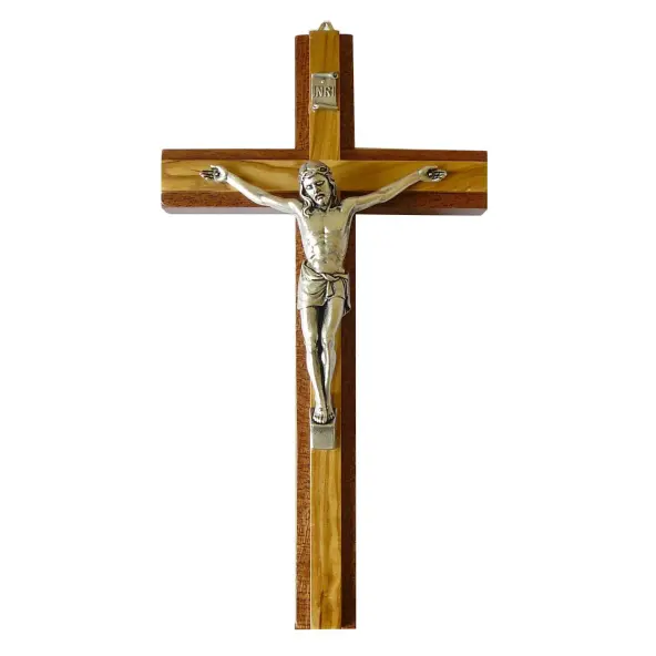 Crucifix en bois d'olivier et bois exotique - 20 cm