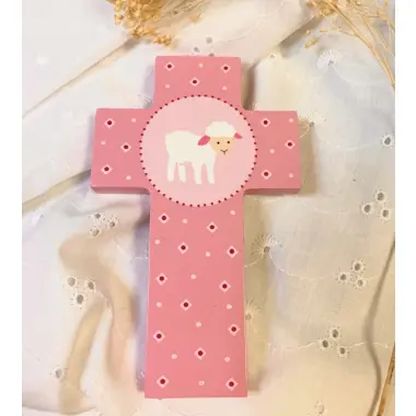 Croix en bois pour enfant - Agneau